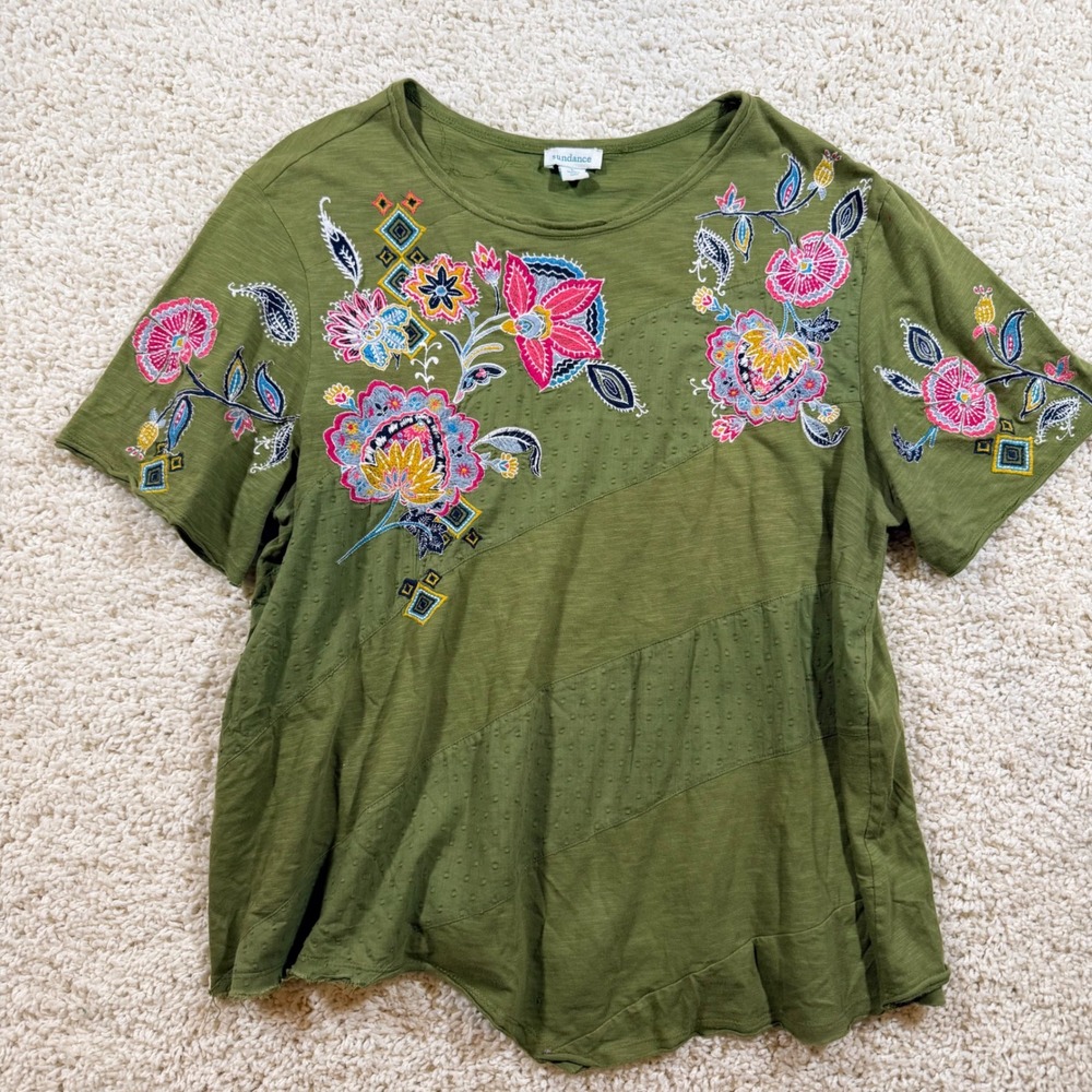 Sundance Olive Green Floral Embroidered Short Sleeve Top L Boho Cottagecore